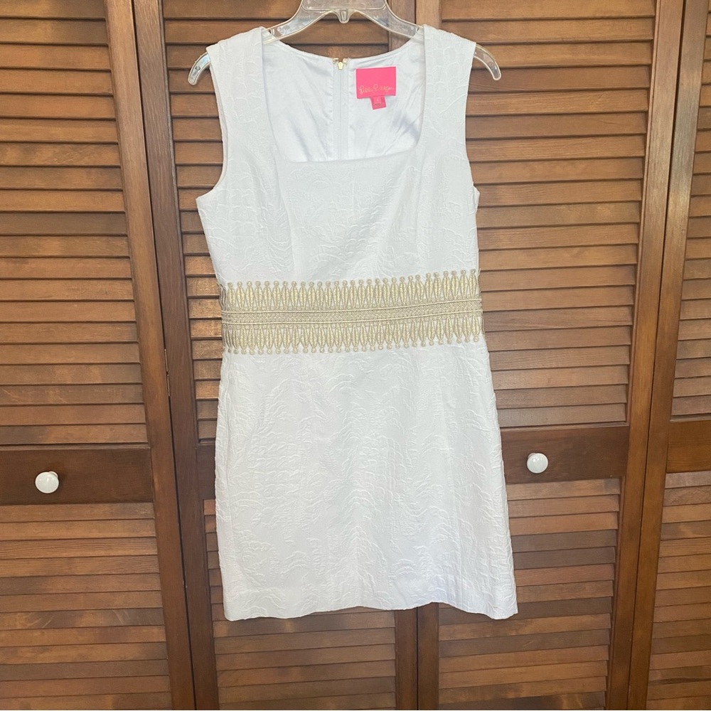 Lilly Pulitzer Rubina Stretch Resort White and Gold Shift Dress Size 4